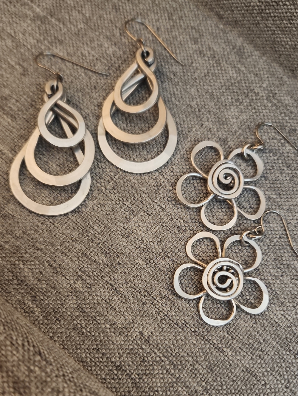 Handcrafted Hammered Silver-Tone Dangle Earrings-  2 Pair